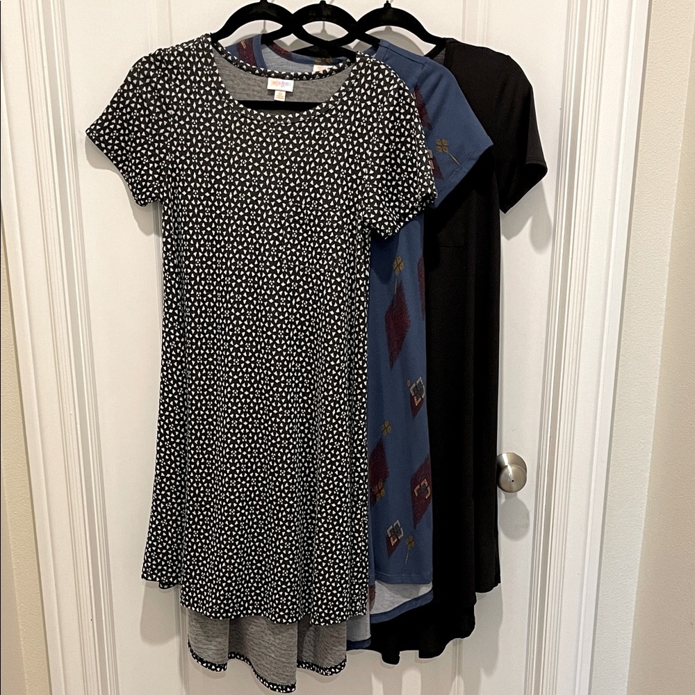 Set of LuLaRoe Dresses Black & White (XS), Blue Aztec (XXS) and Black (XXS)